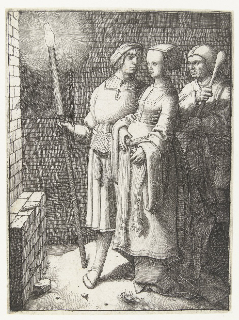 Giovane con una torcia, una donna e un giullare da Lucas van Leyden