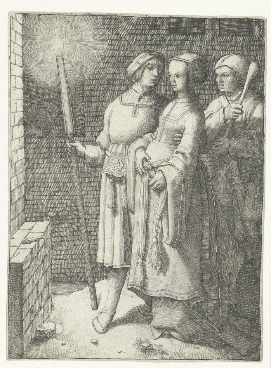 Giovane con una torcia, una donna e un giullare da Lucas van Leyden