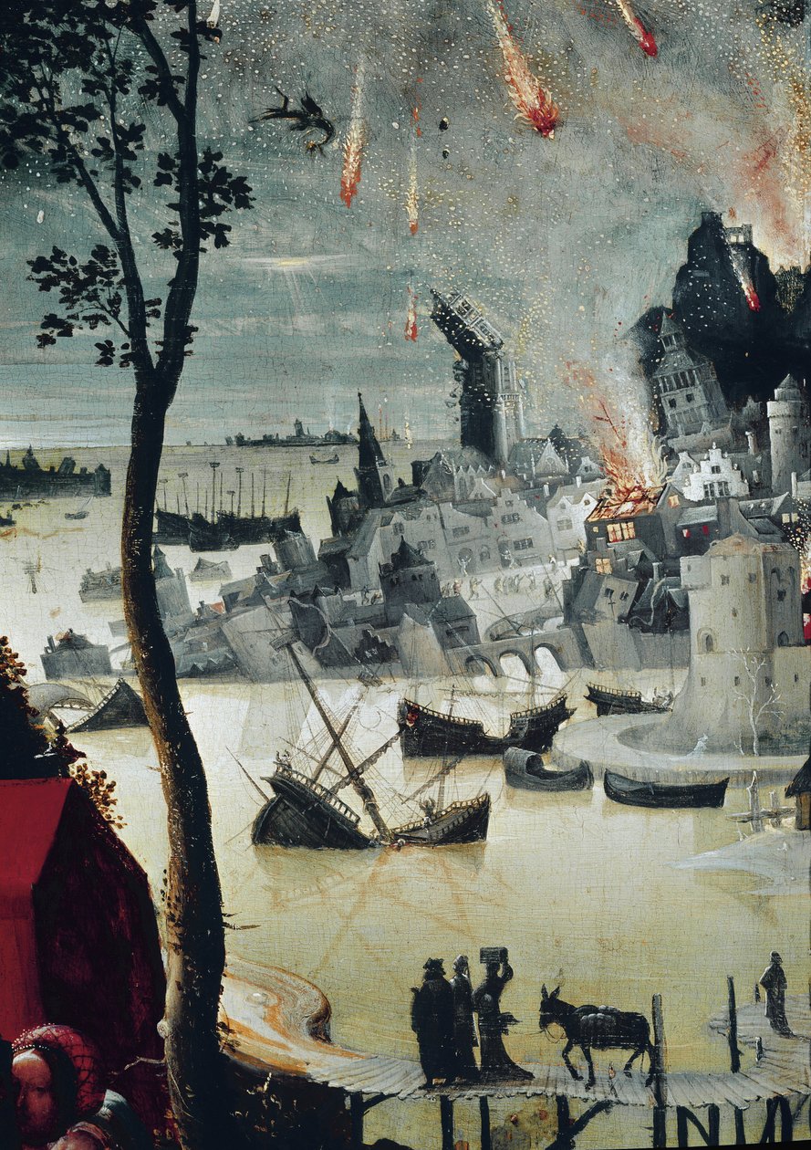 Lot e le sue figlie, dettaglio della distruzione di Sodoma da Lucas van Leyden