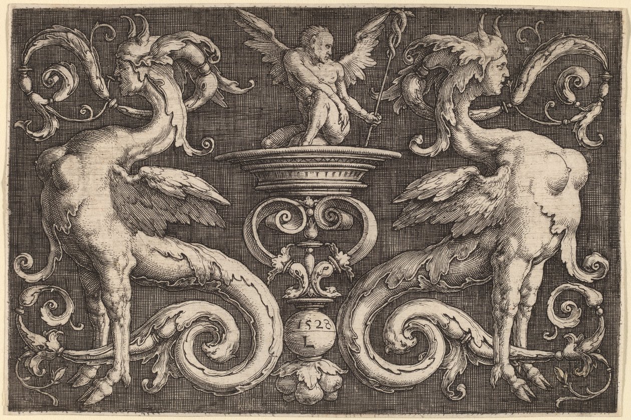 Ornamento con due sfingi e un uomo alato da Lucas van Leyden