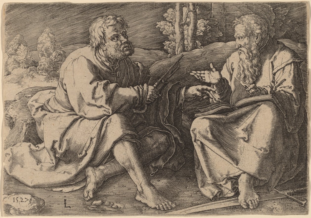 Santi Pietro e Paolo seduti in un paesaggio da Lucas van Leyden