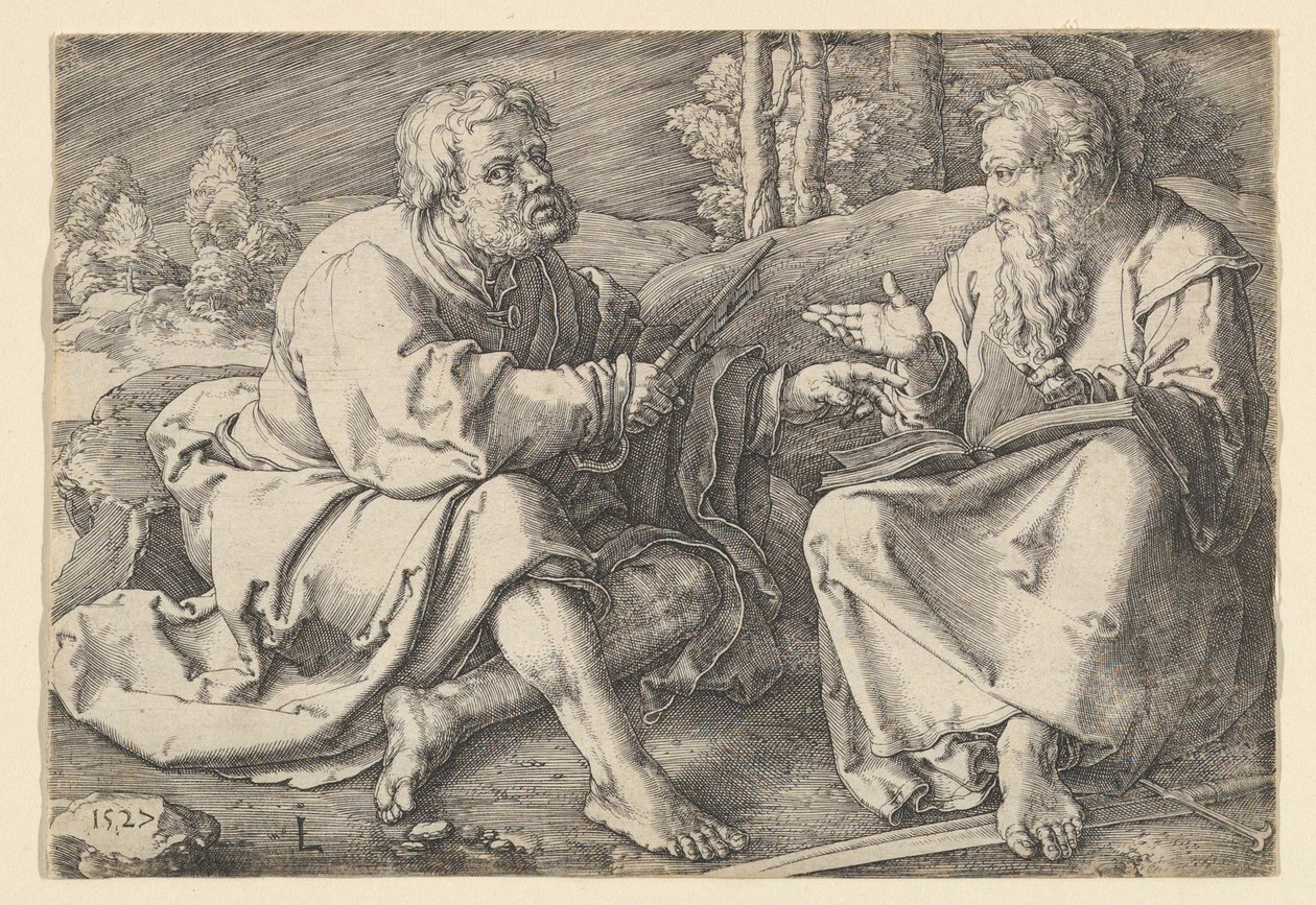 Santi Pietro e Paolo seduti in un paesaggio da Lucas van Leyden