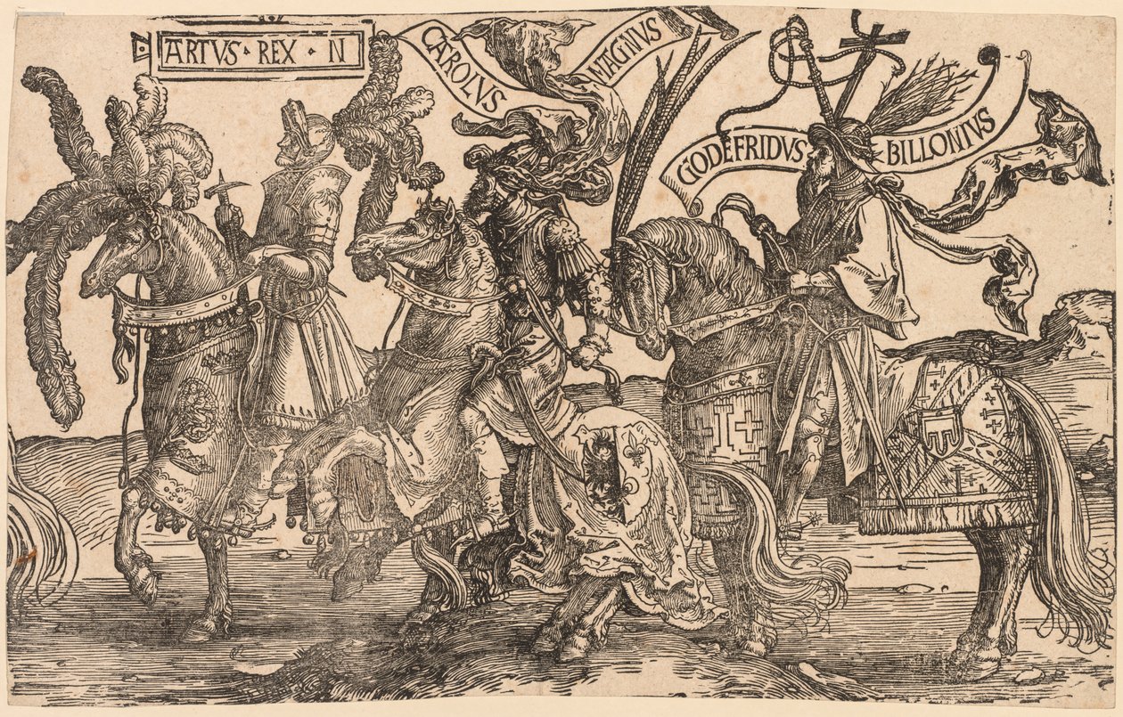 I Nove Eroi: Artù, Carlo Magno, Goffredo di Buglione da Lucas van Leyden