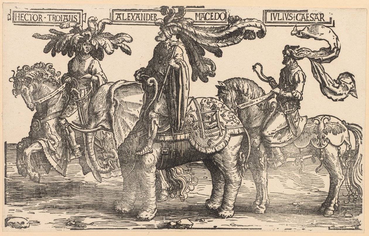 I Nove Eroi: Ettore di Troia, Alessandro di Macedonia, Giulio Cesare da Lucas van Leyden