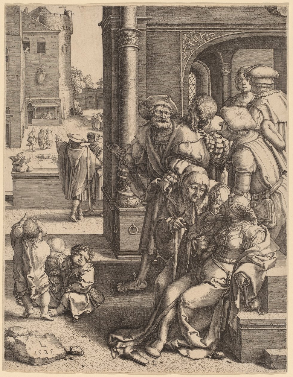Il poeta Virgilio sospeso in un cesto da Lucas van Leyden