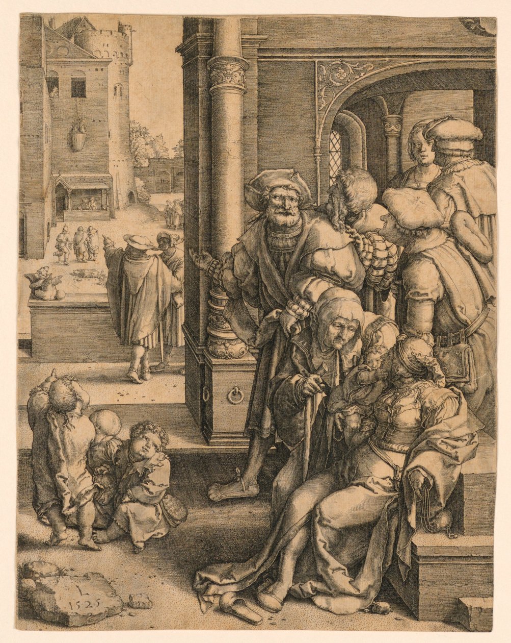 Il poeta Virgilio sospeso in un cesto da Lucas van Leyden