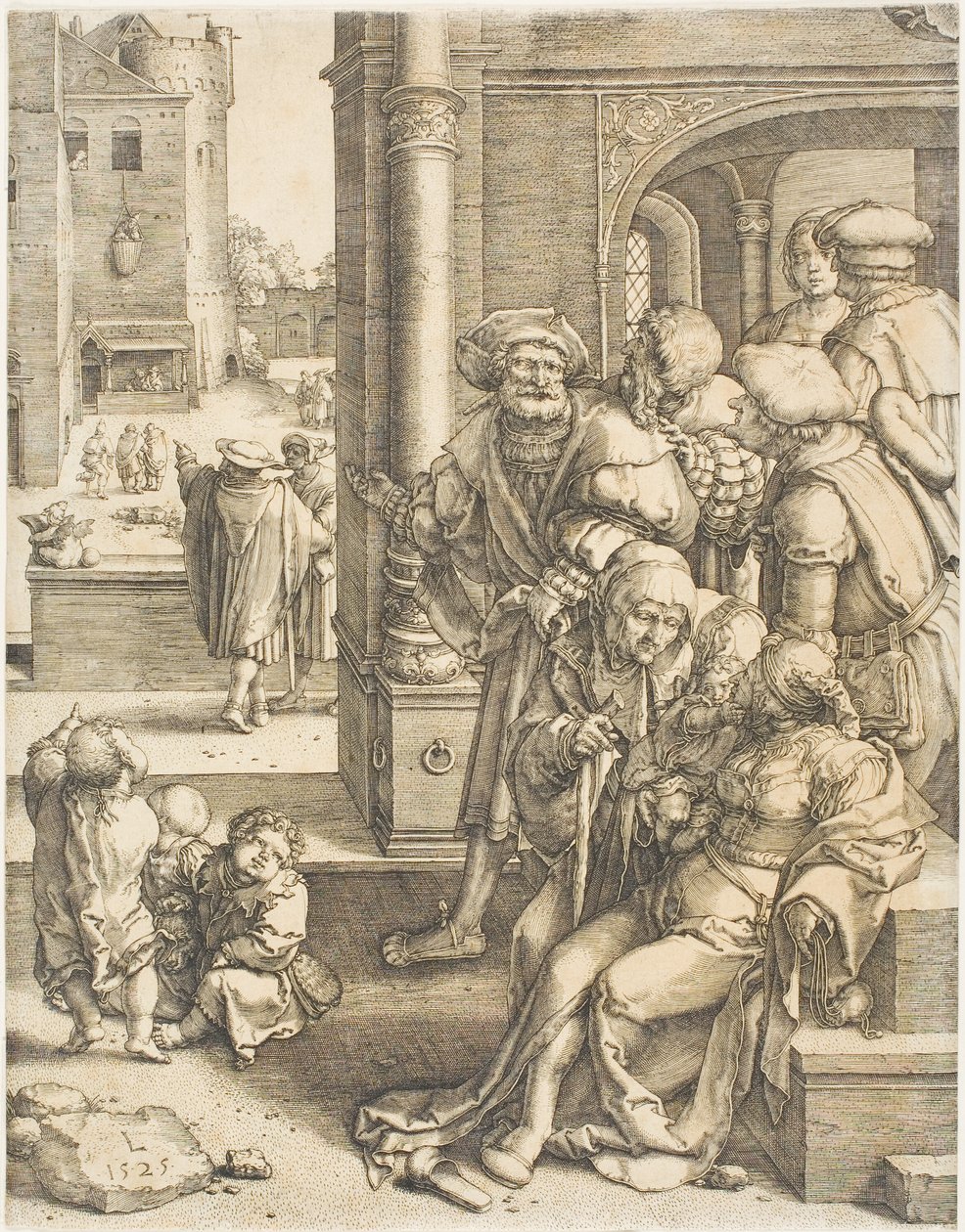 Il poeta Virgilio sospeso in un cesto da Lucas van Leyden