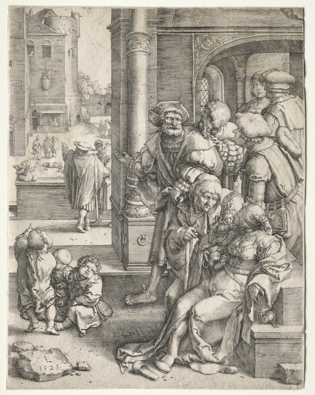 Il poeta Virgilio sospeso in un cesto da Lucas van Leyden