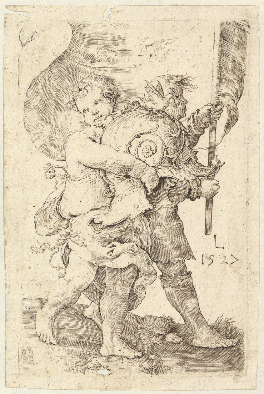 Due ragazzi con un elmo e uno stendardo da Lucas van Leyden