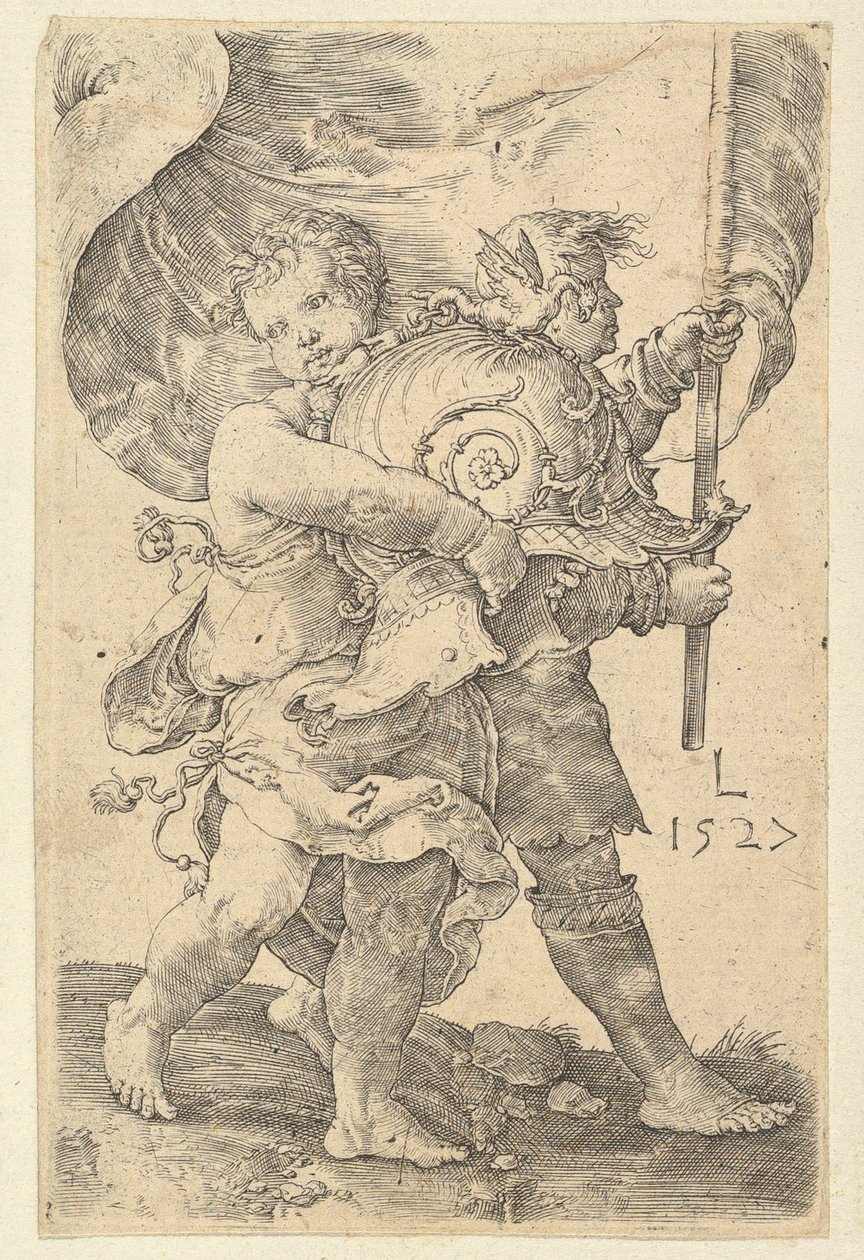 Due ragazzi con un elmo e uno stendardo, 1527 da Lucas van Leyden