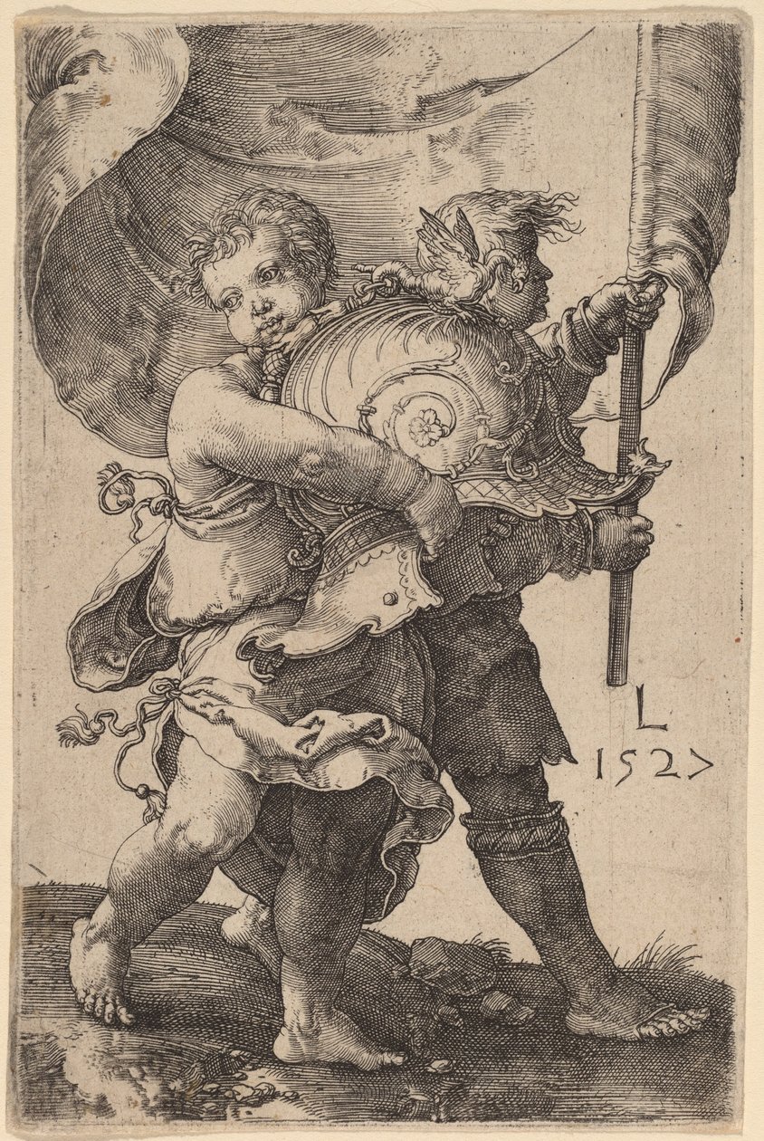 Due ragazzi con un elmo e uno stendardo da Lucas van Leyden