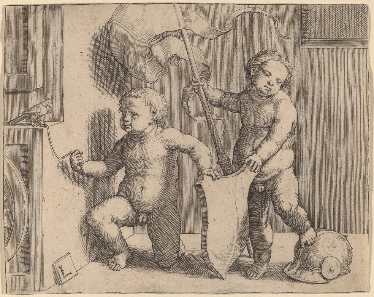 Due bambini nudi che sostengono uno scudo vuoto da Lucas van Leyden