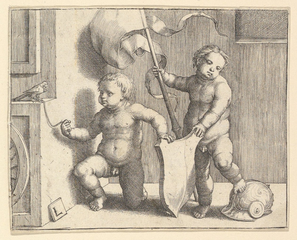 Due bambini nudi che sostengono uno scudo vuoto da Lucas van Leyden