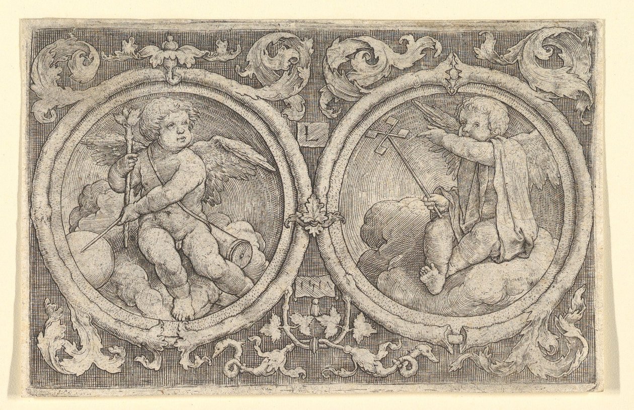 Due putti seduti su nuvole in cerchi con viticci da Lucas van Leyden