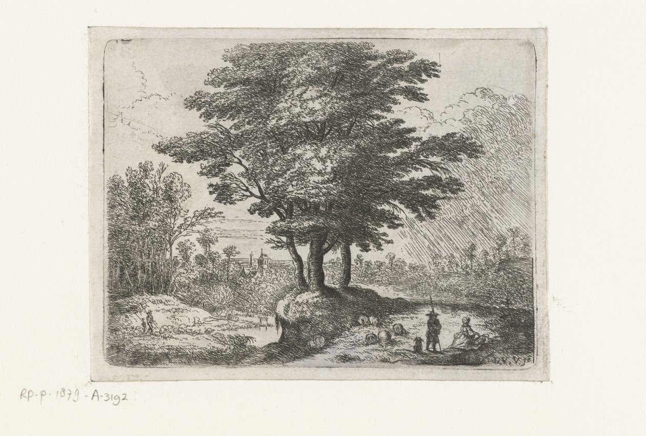 Tre alberi, un pastore con pecore e un cane da Lucas van Uden