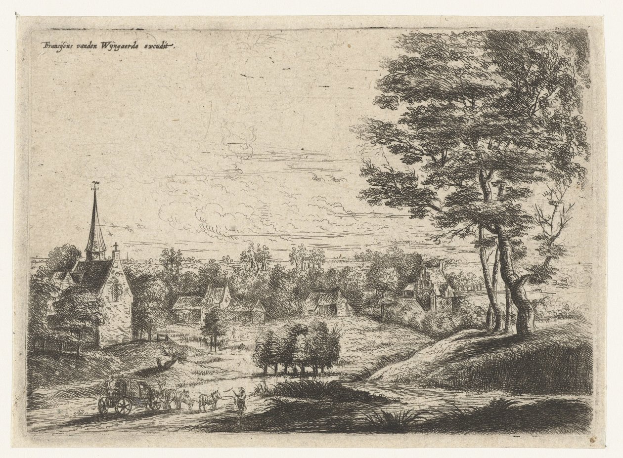 Veduta di un villaggio con un carro coperto da Lucas van Uden