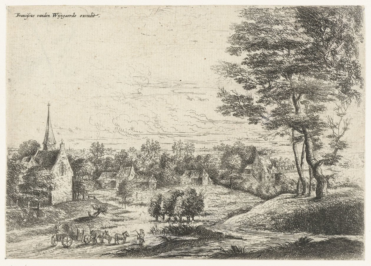 Veduta di un villaggio con una carrozza coperta da Lucas van Uden
