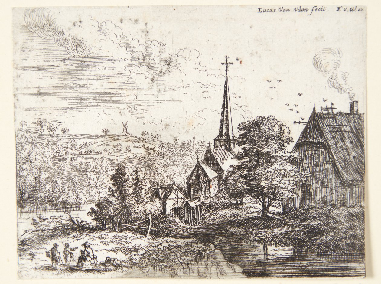 Villaggio vicino a un fiume, in primo piano tre figure da Lucas van Uden