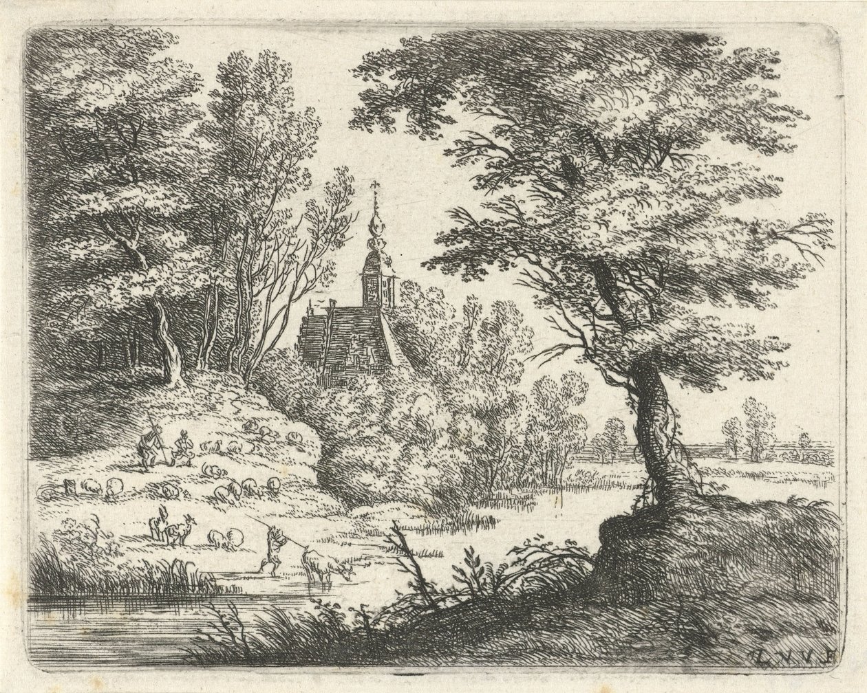 Paesaggio con pastori e bestiame presso un fiume da Lucas van Uden