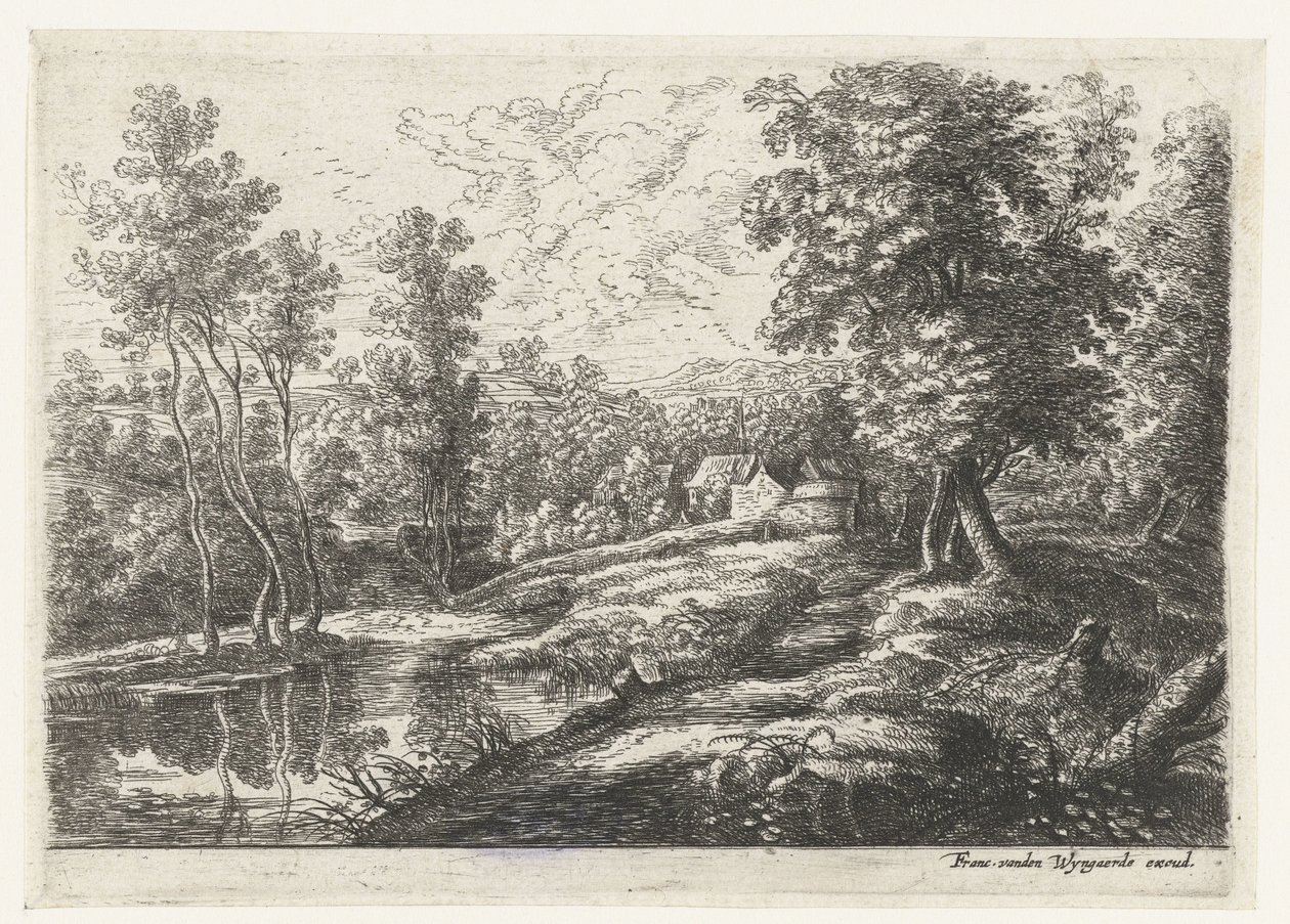 Paesaggio con case e una chiesa circondata da un muro (Cinque paesaggi) da Lucas van Uden