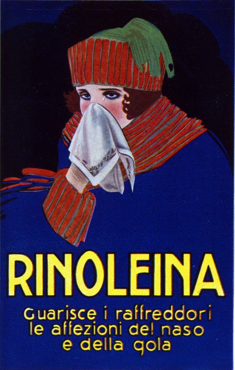 Pubblicità per il farmaco Rinoleina contro raffreddori, mal di gola e tosse. Illustrazione di Lucien Achille Mauzan (1883 - 1952). da Luciano Achille Mauzan