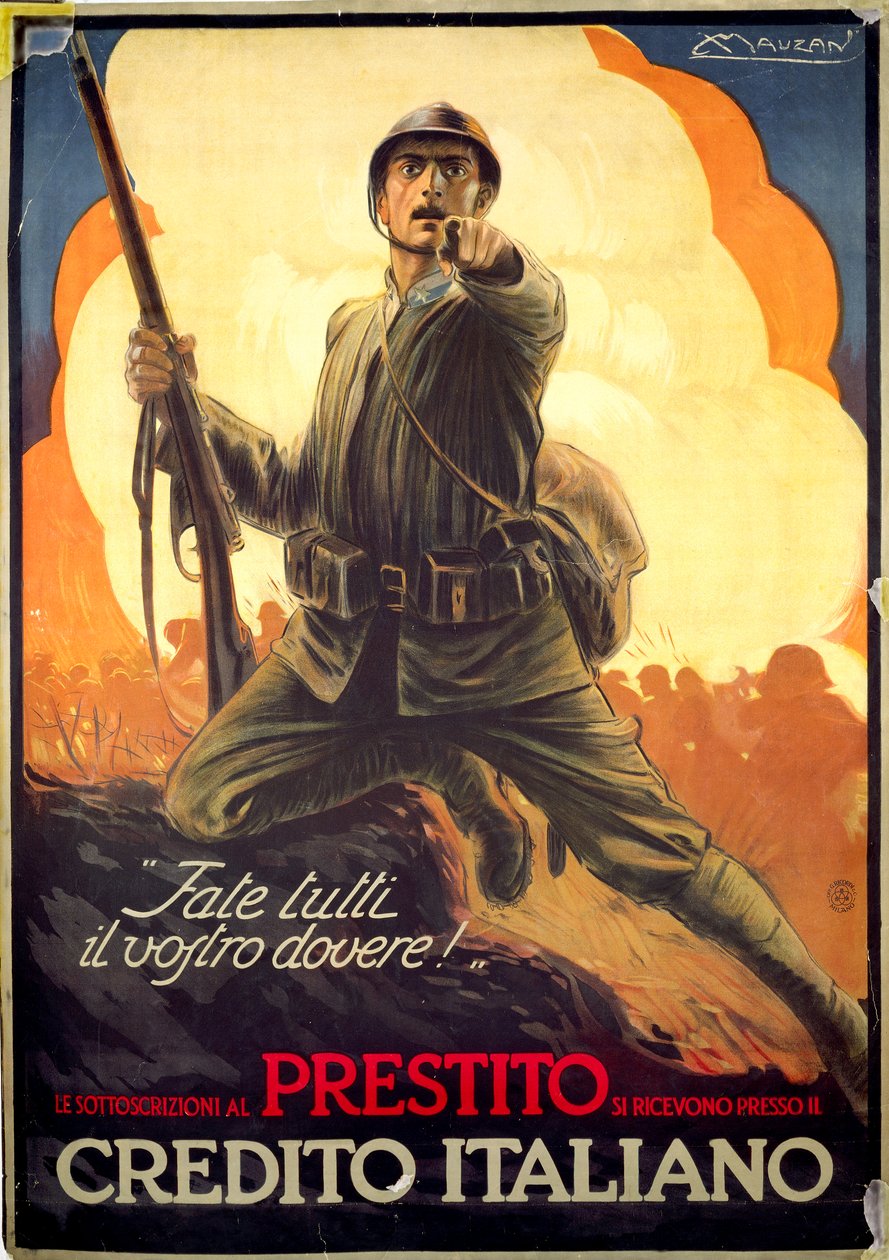 Poster di propaganda italiana della Prima Guerra Mondiale che pubblicizza i buoni di guerra da Luciano Achille Mauzan