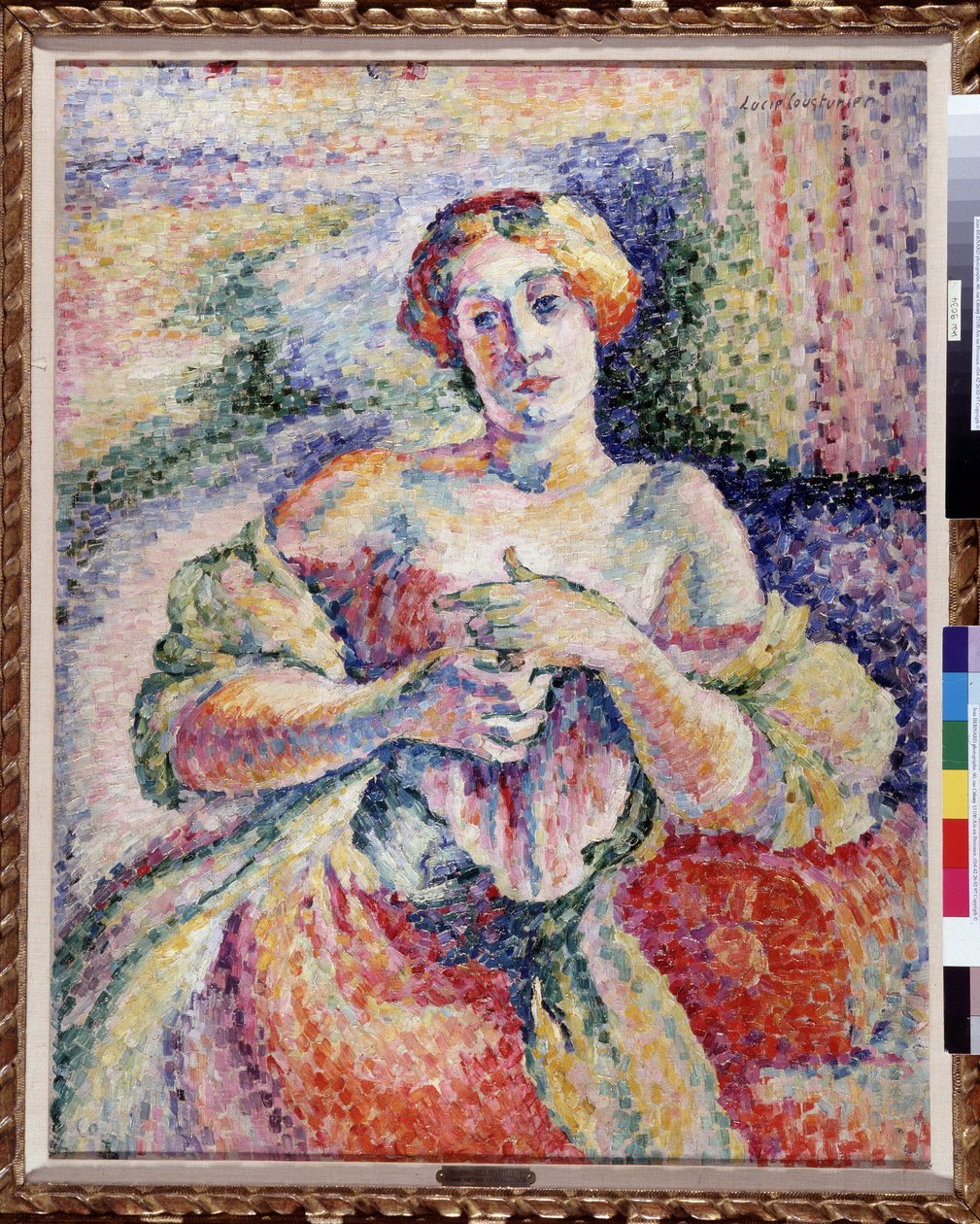Donna in rosa e blu, giovane elegante con spalla denudata da Lucie Cousturier