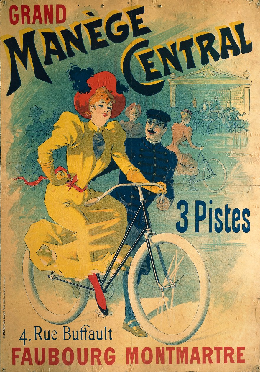 Grand Manege Central, poster pubblicitario per pista ciclabile che raffigura una donna in bicicletta da Lucien Baylac