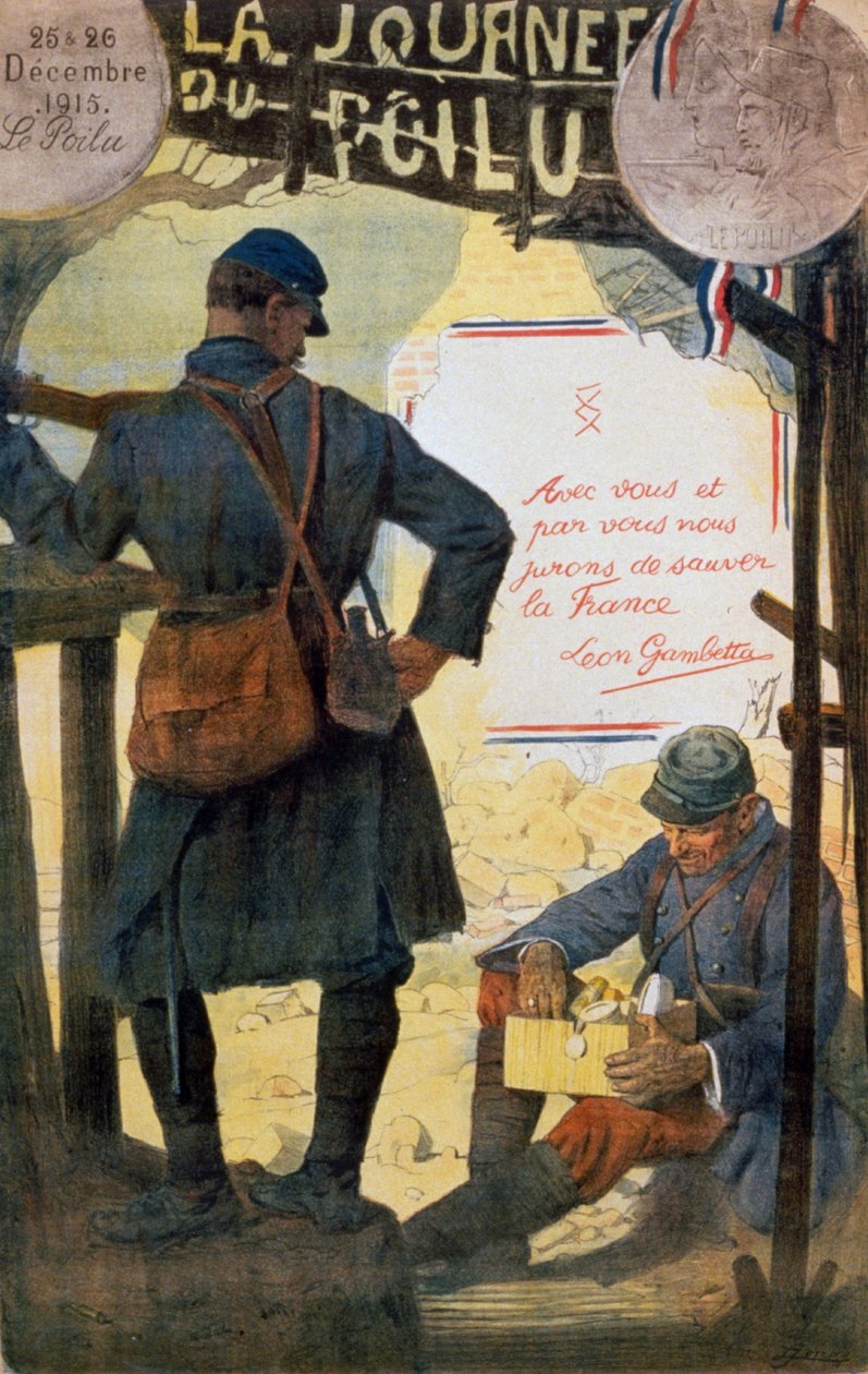 Due soldati francesi che esaminano pacchi di assistenza inviati da casa da Lucien Hector Jonas