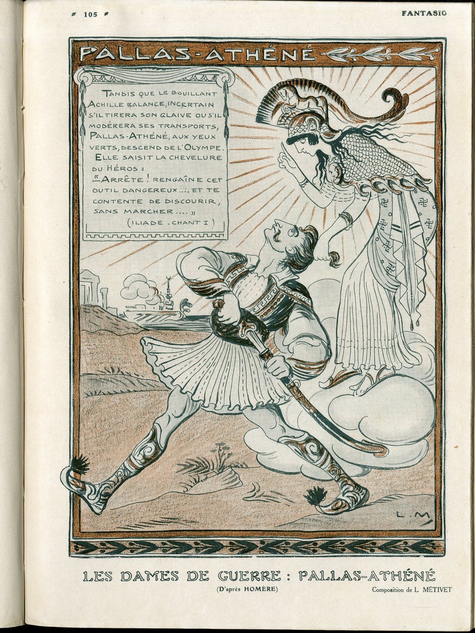 Illustrazione in "Fantasio", 01/04/15 - la donna della guerra Pallas-Athenee guerra 14-18 (incisione) da Lucien Metivet