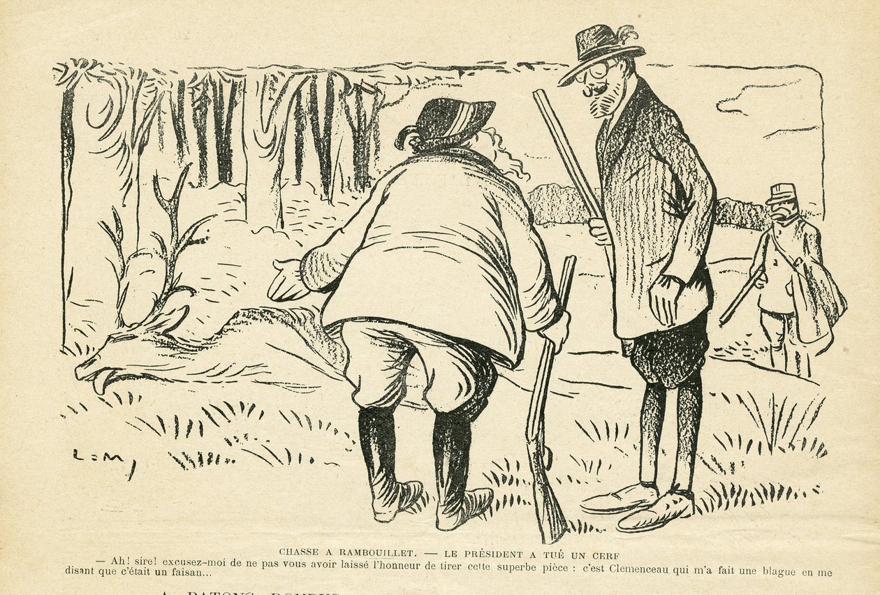 Illustrazione in Le Rire, 05/12/08 - Caccia a Rambouillet - Natura Vegetazione, Caccia cacciatore, Presidente della Repubblica, Rambouillet - Clemenceau Georges, Fallieres Armand (1841-1931), Cervo da Lucien Metivet