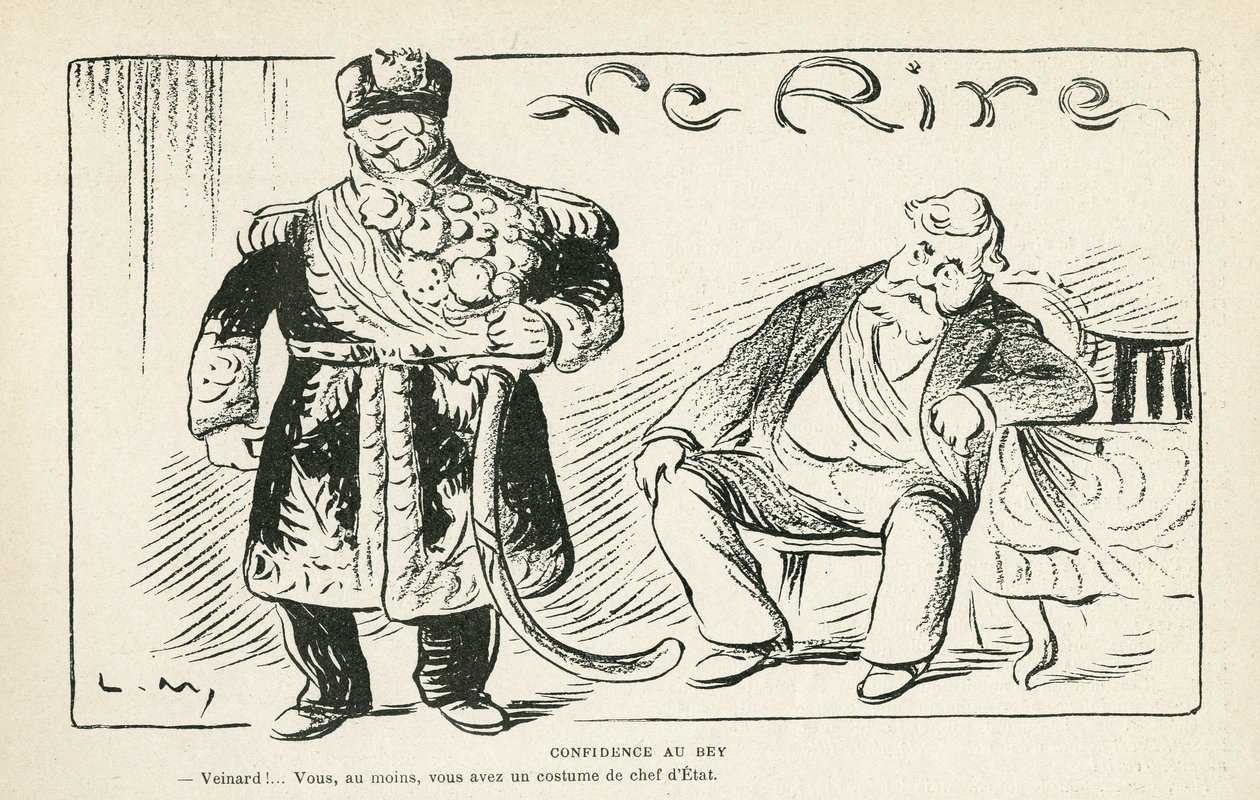 Illustrazione in Le Rire, 27/07/12 - Confidenza al bey - Colonizzazione - Fallieres Armand, Naceur Bey da Lucien Metivet