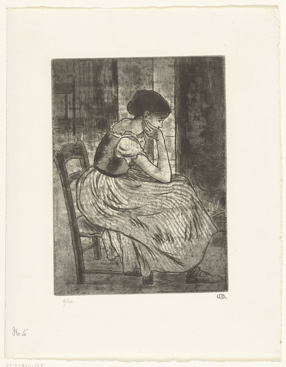 Giovane donna seduta vicino a un camino da Lucien Pissarro