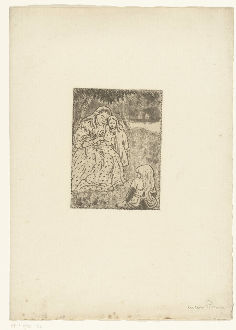 Donna con due ragazze in un prato da Lucien Pissarro