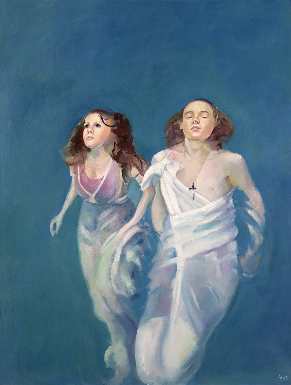 Un ragazzo e una ragazza che galleggiano, 2004 (olio su tela) da Lucinda Arundell