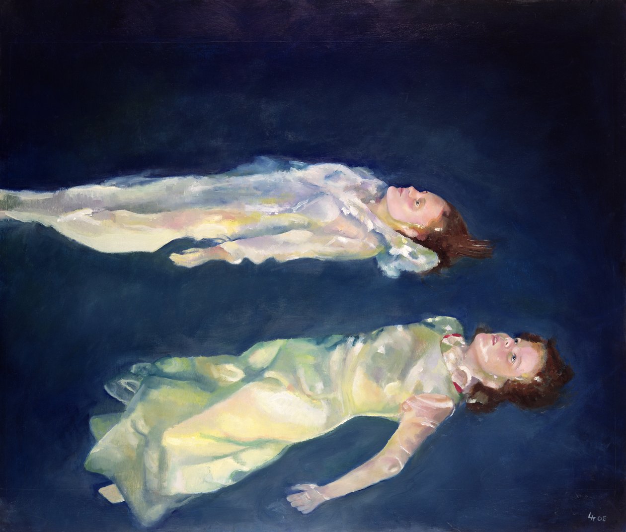 Due ragazze che galleggiano, 2004 (olio su tavola) da Lucinda Arundell