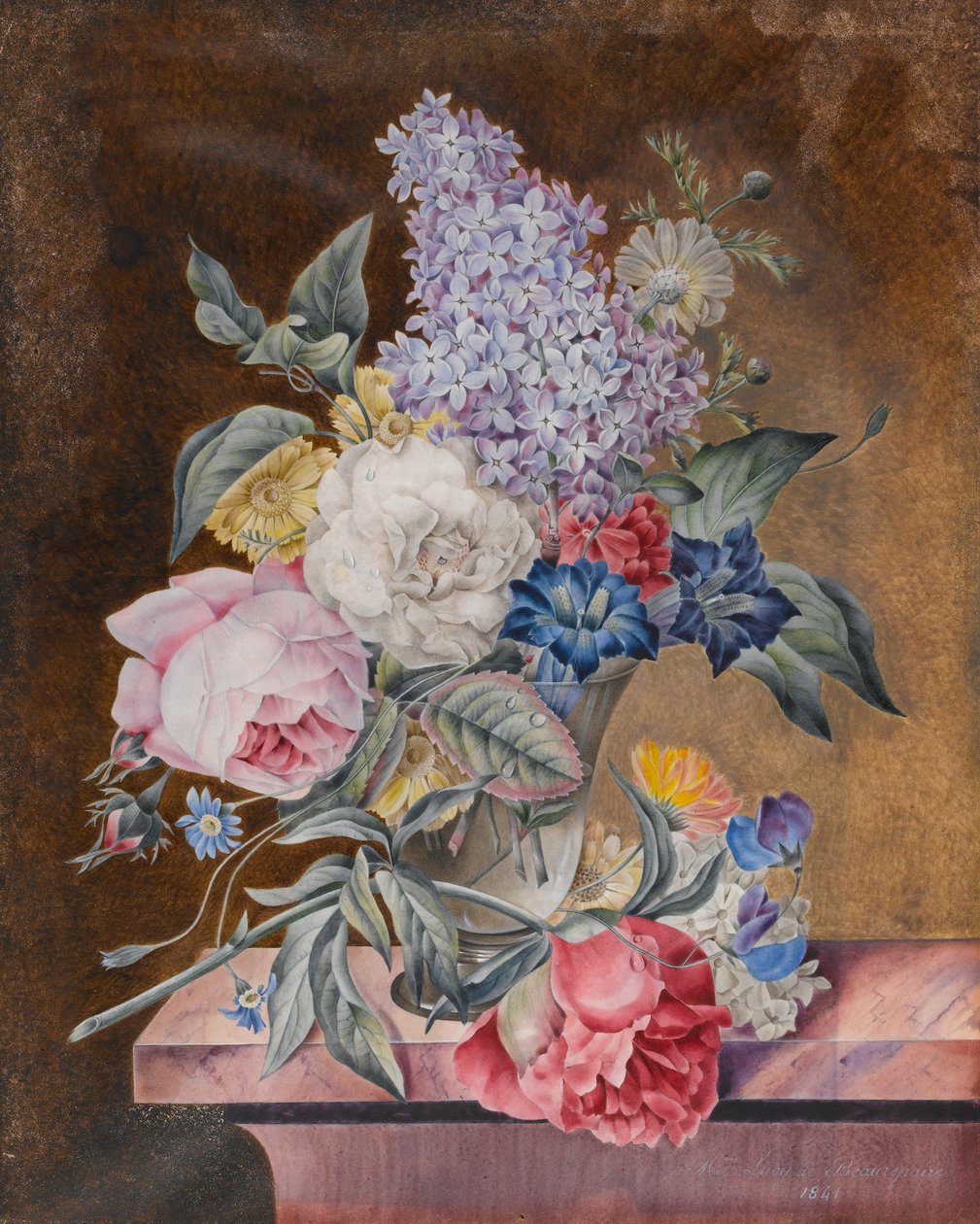 Vaso di fiori tra cui una rosa e lillà su un bordo di marmo, 1841 da Lucy de Beaurepaire