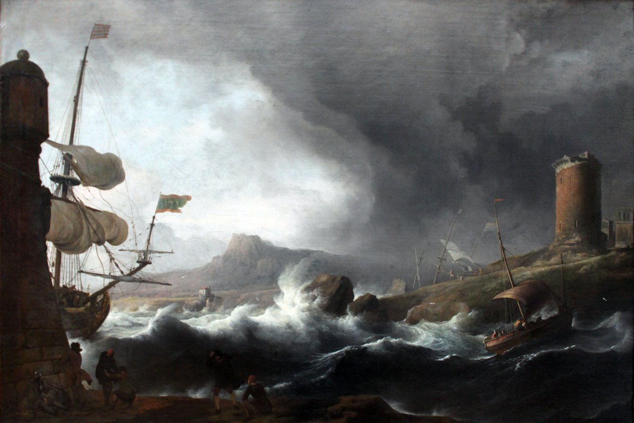 Mare tempestoso su costa montuosa da Ludolf Bakhuizen