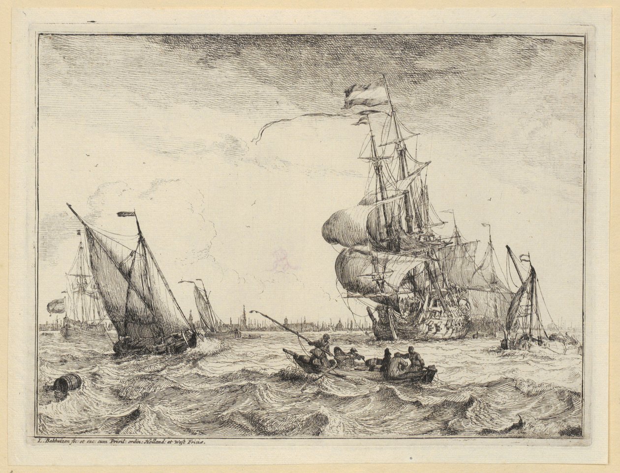 Una chiatta e diverse navi a vela in un mare tempestoso al largo di Amsterdam, tavola 4 della serie «Marine con vedute dell
