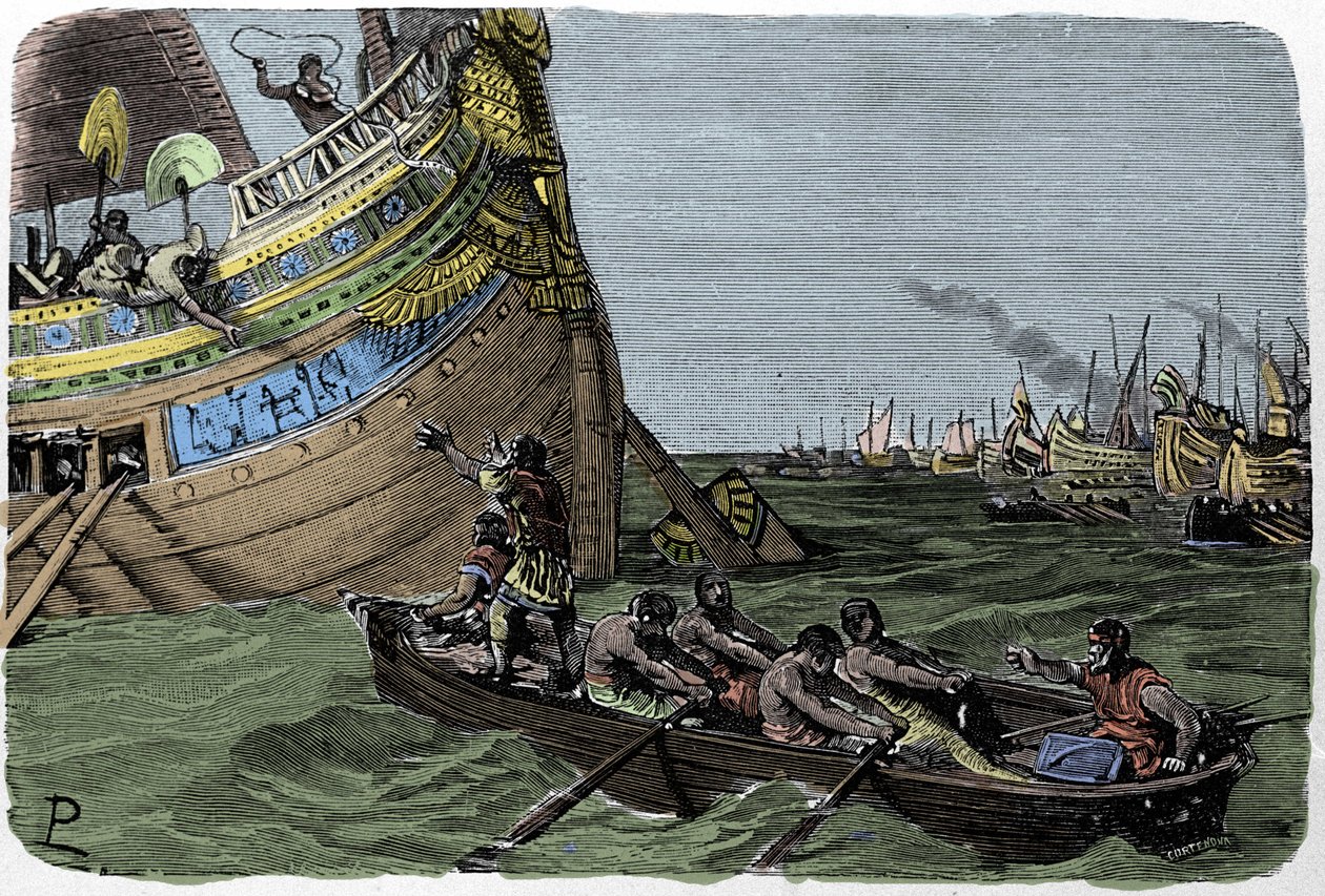 Marco Antonio si unisce a Cleopatra nella fuga dopo la sconfitta nella battaglia di Azio, illustrazione di Ludovico Pogliaghi da "Storia d