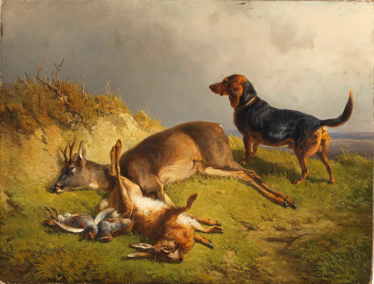 Selvaggina abbattuta e cane da caccia da Ludwig Gustav Voltz