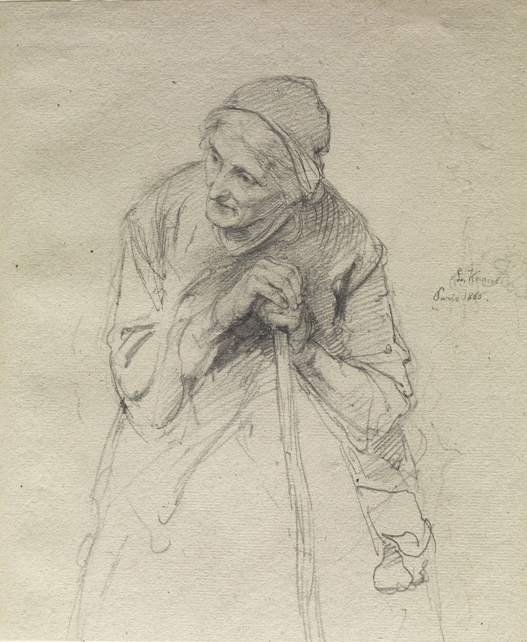 Vecchia donna appoggiata a un bastone da Ludwig Knaus