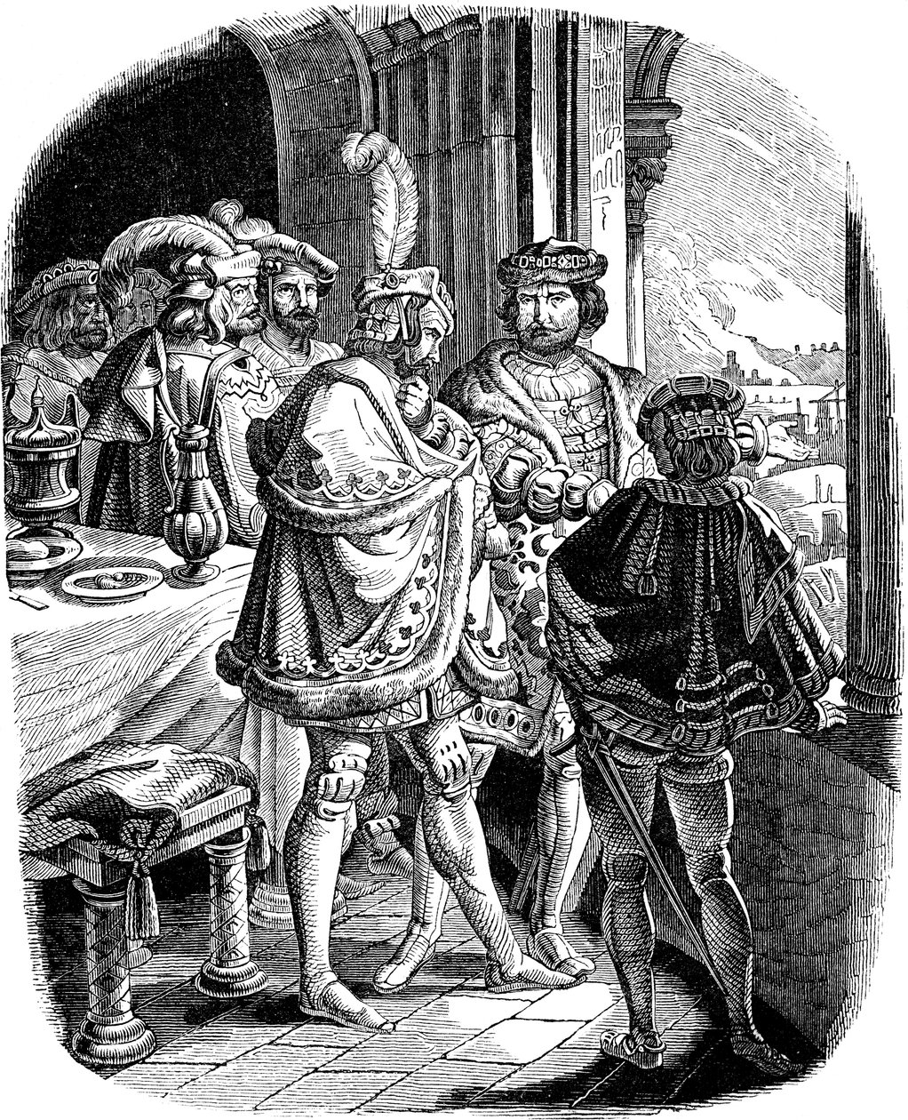 Federico I a pranzo nel Castello di Heidelberg 1462 Illustrazione dalla Geschichte des deutschen Volkes di E. Duller, 1840 da Ludwig Adrian Richter