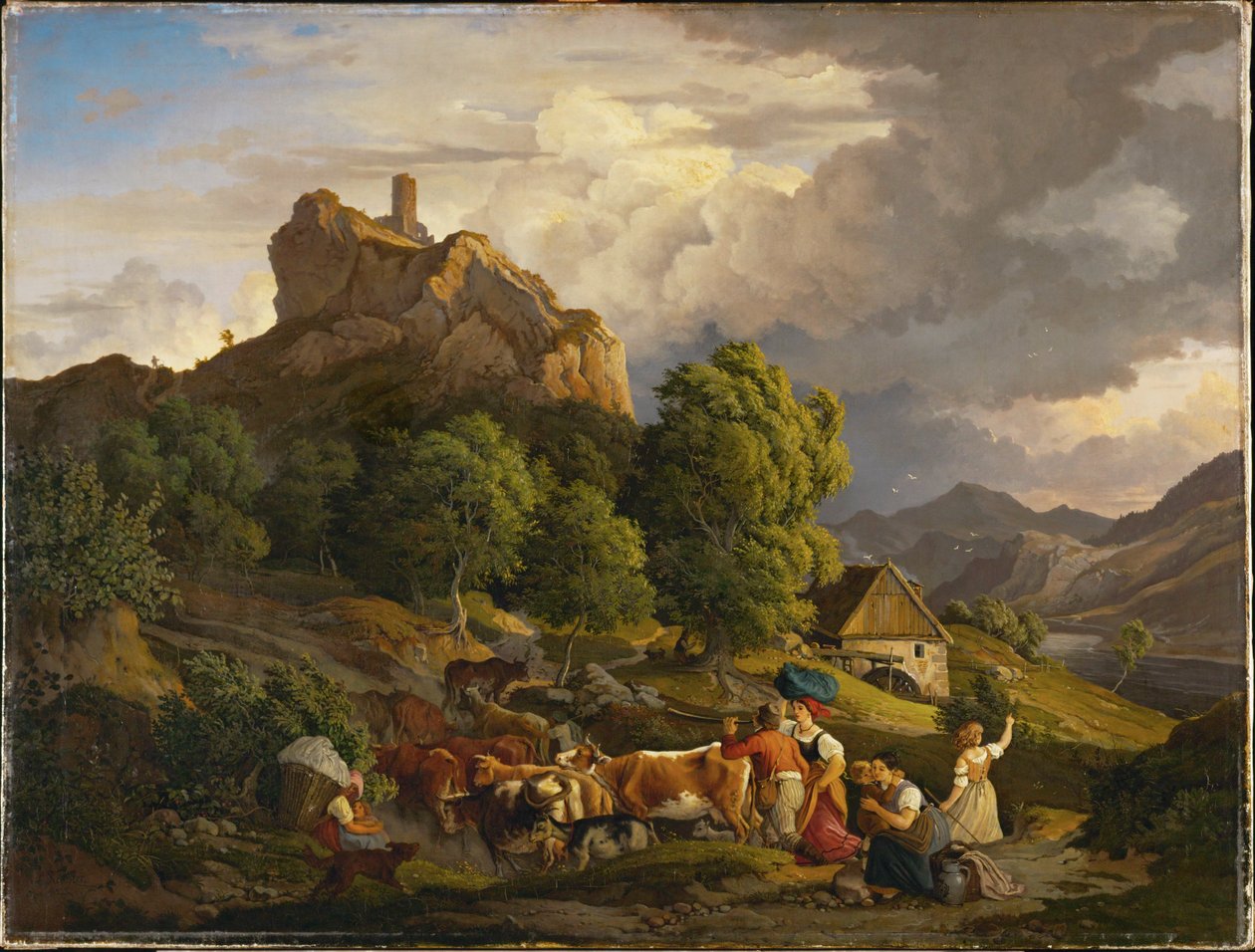 Pascolo con gregge e rovine di un castello (dipinto) da Ludwig Adrian Richter