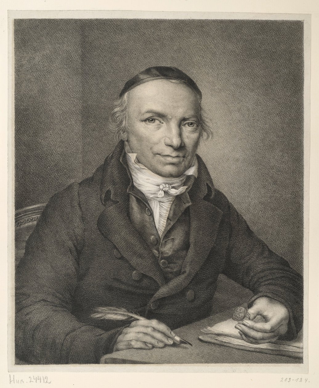 Johann Joachim Bellermann, ritratto a mezzo busto al tavolo, con un anello con sigillo in mano da Ludwig Buchhorn