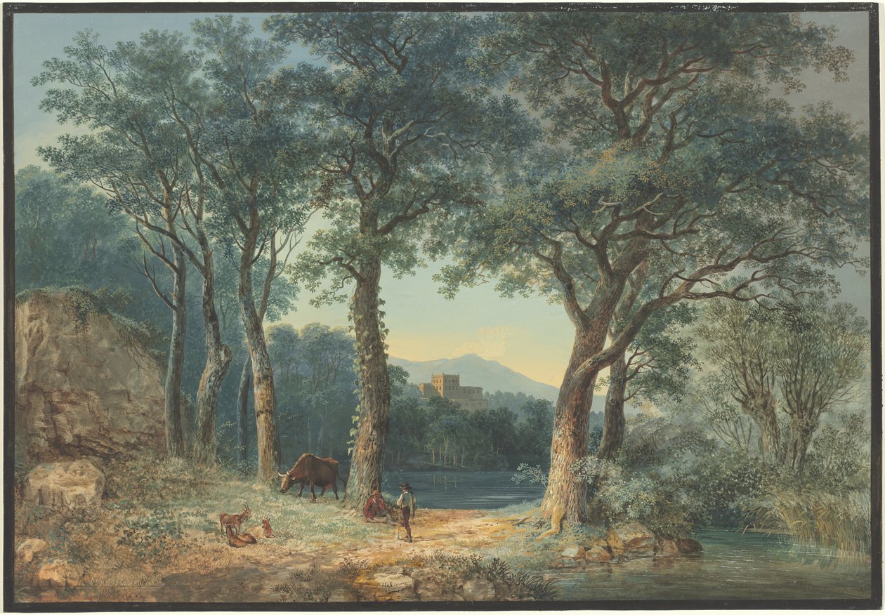 Un lago boscoso con una villa italianeggiante da Ludwig Hess