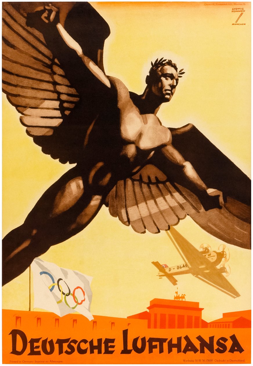 Deutsche Lufthansa, manifesto delle compagnie aeree tedesche per la promozione dei Giochi Olimpici del 1936 nella Germania nazista (manifesto) da Ludwig Hohlwein
