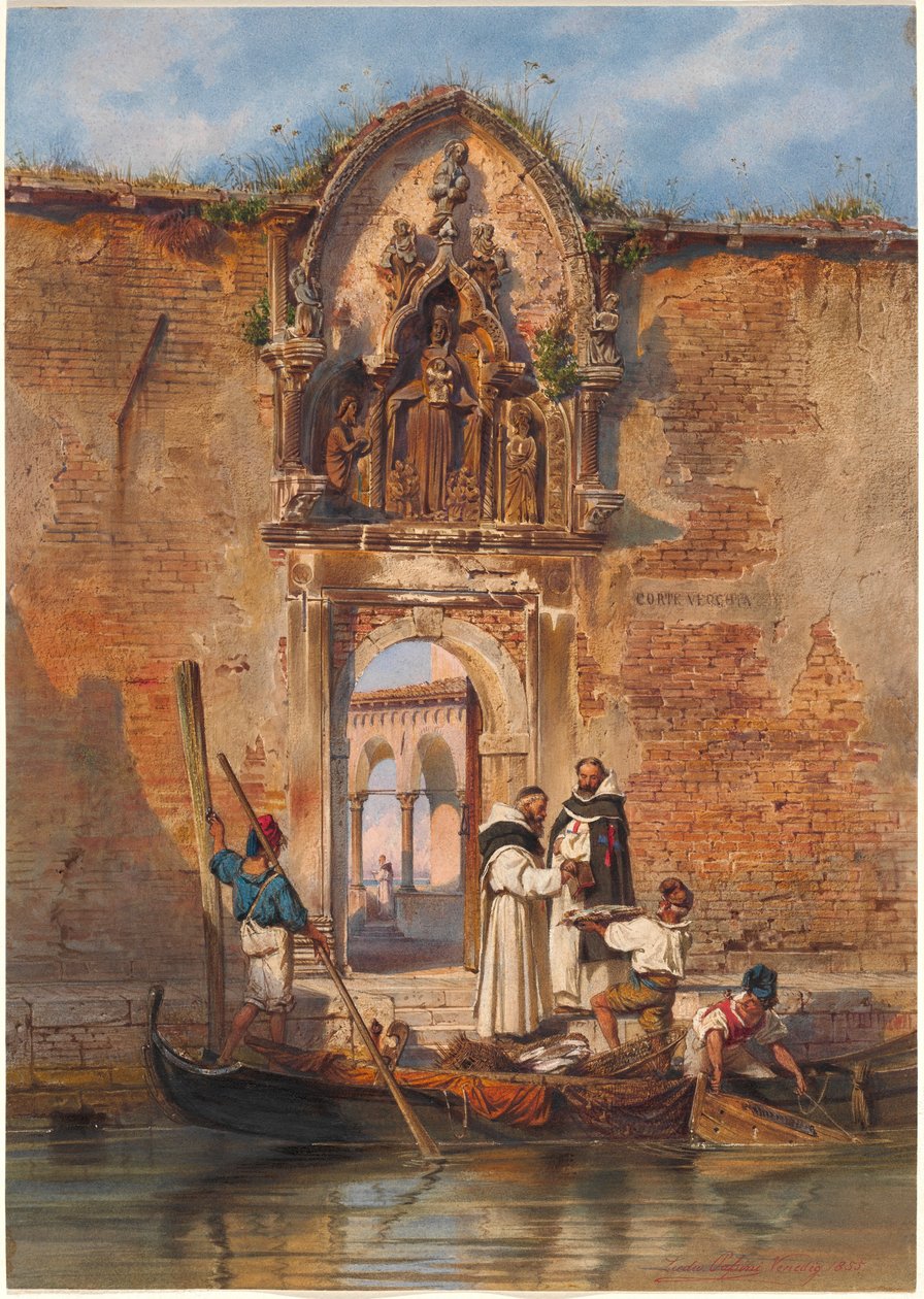 Monaci che comprano pesce davanti al portale della Madonna della Misericordia da Ludwig Johann Passini