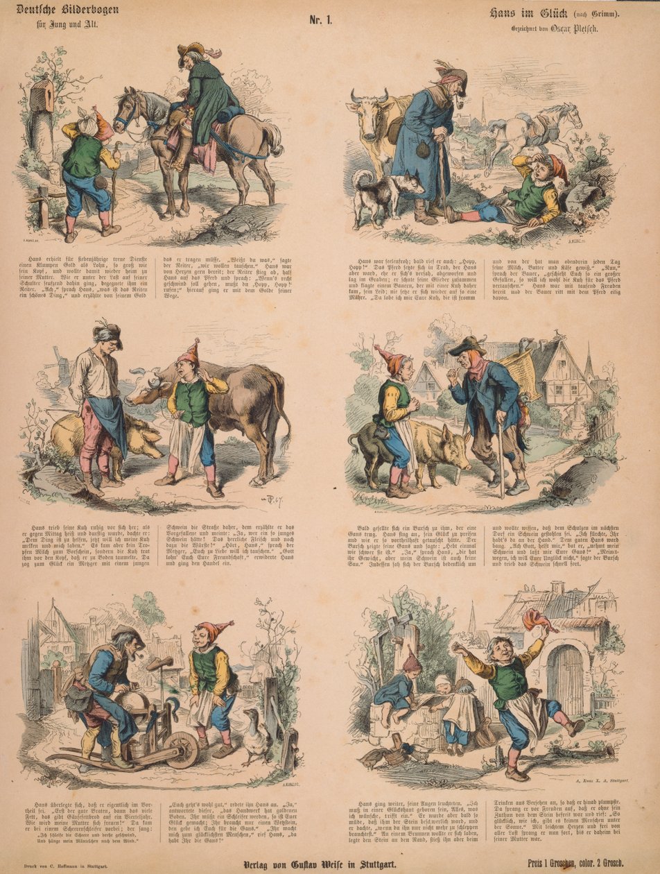 Hans nella fortuna (dopo i Fratelli Grimm), n.213 da Muenchener Bilderbogen pubblicato da Braun & Schneider, Monaco, 1880 da Ludwig Voltz