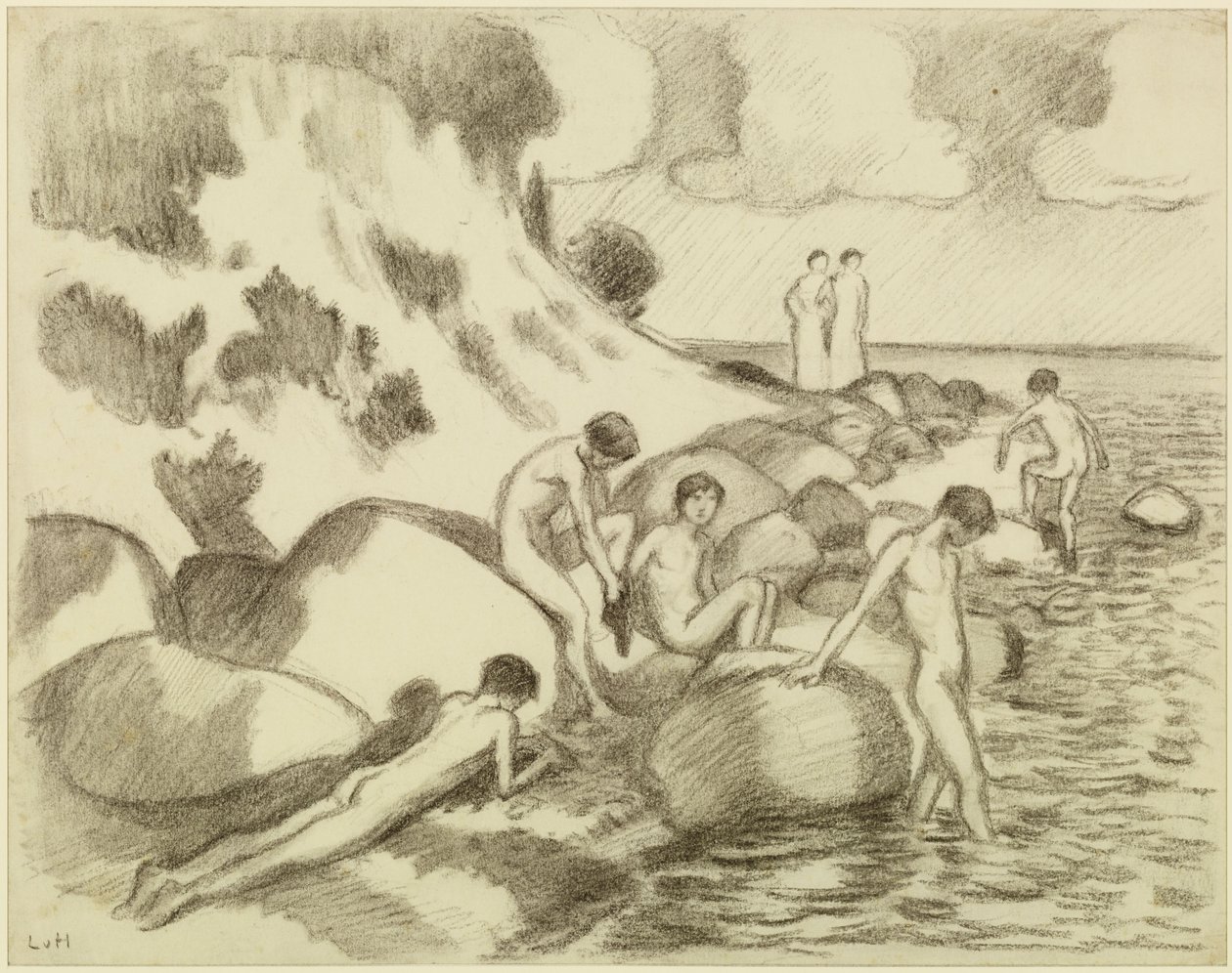 Ragazzi che fanno il bagno sulla spiaggia, sullo sfondo due donne da Ludwig von Hofmann